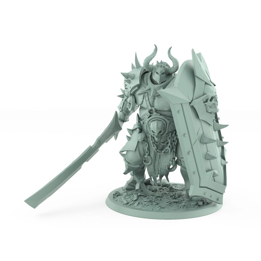 dark fantasy human warrior hidden behind shield with outstretched sword from unchained collection