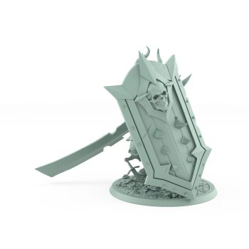 dark fantasy human warrior hidden behind shield with outstretched sword from unchained collection