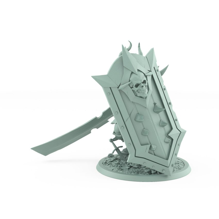 dark fantasy human warrior hidden behind shield with outstretched sword from unchained collection