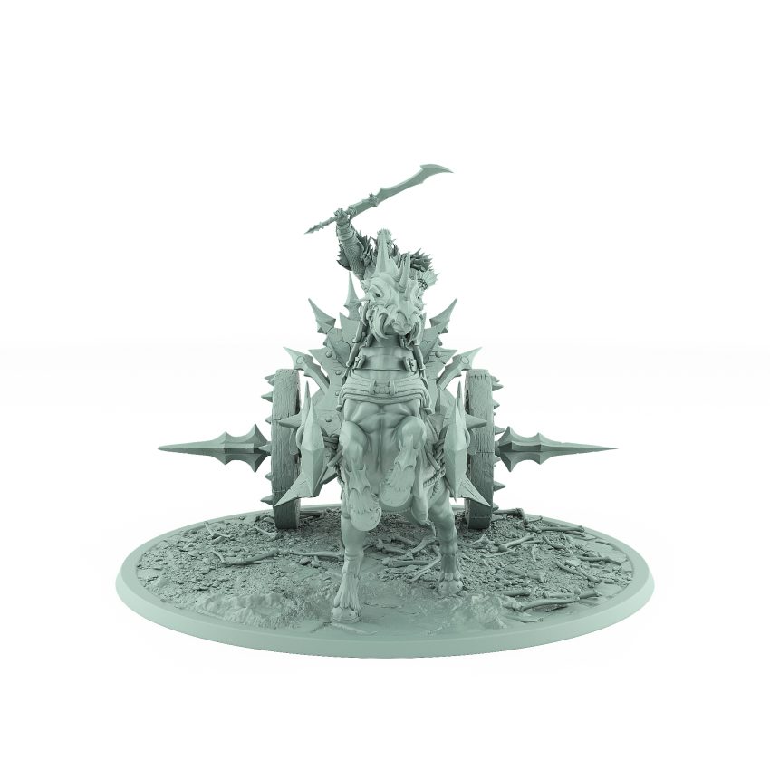 vampire war chariot miniature pulled by undead beast with spiked armor vampire rider with raised sword on gothic terrain base