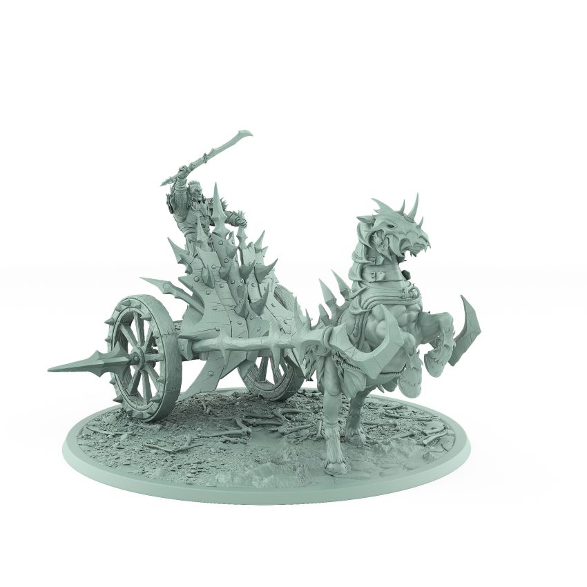 vampire war chariot miniature pulled by undead beast with spiked armor vampire rider with raised sword on gothic terrain base
