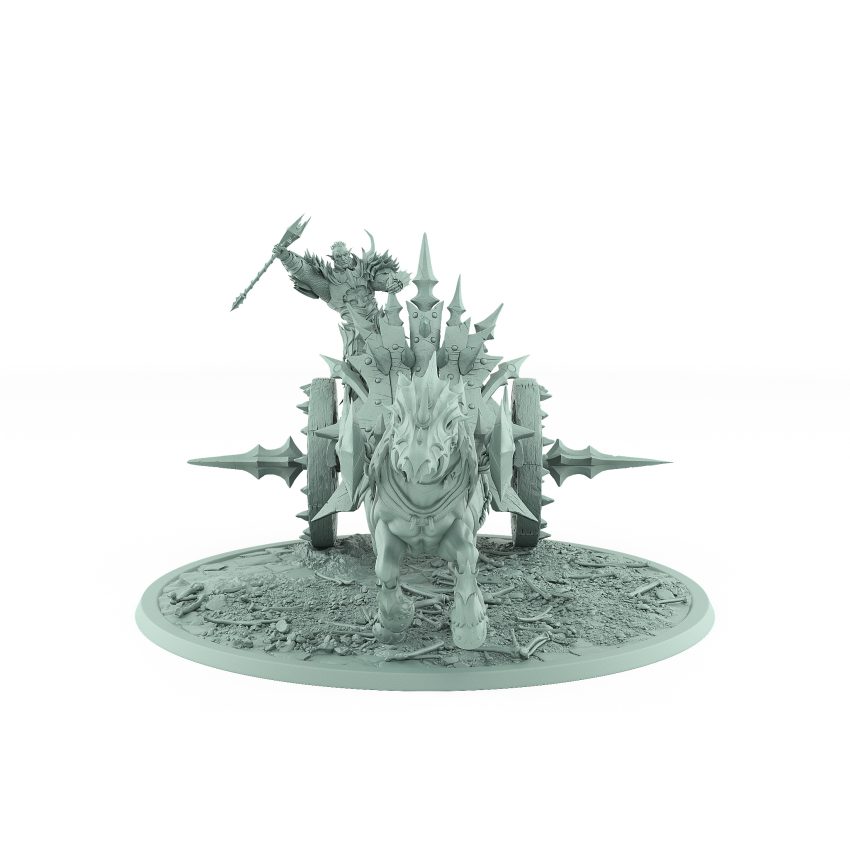 vampire chariot miniature with single undead horse armored vampire holding axe on spiked gothic platform with bone-strewn terrain base