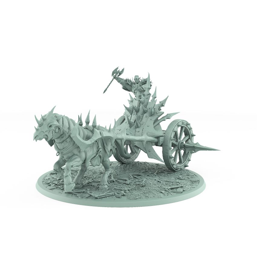 vampire chariot miniature with single undead horse armored vampire holding axe on spiked gothic platform with bone-strewn terrain base
