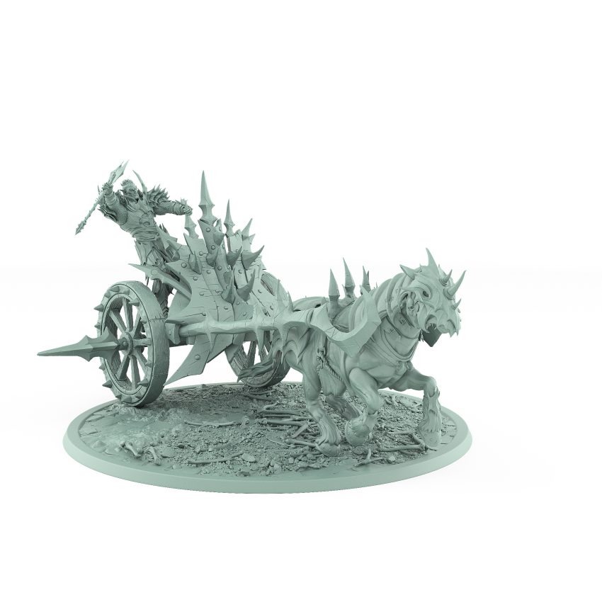 vampire chariot miniature with single undead horse armored vampire holding axe on spiked gothic platform with bone-strewn terrain base