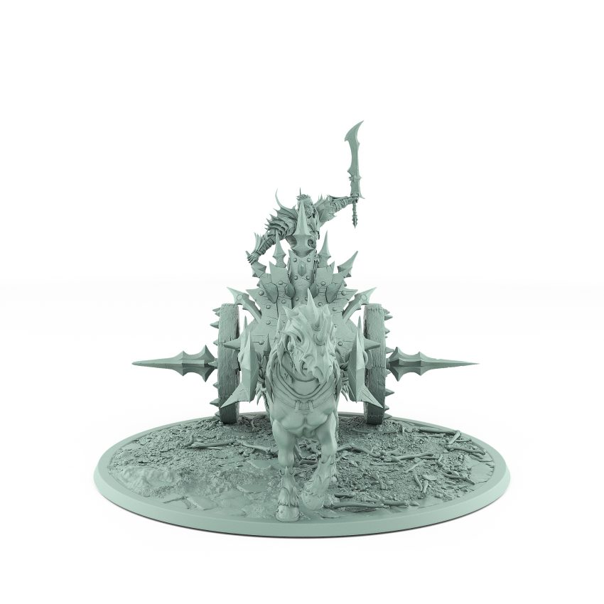 vampire chariot miniature with single undead horse armored vampire holding axe on spiked gothic platform with bone-strewn terrain base