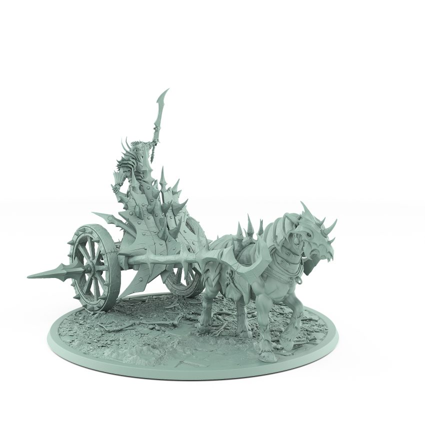 vampire chariot miniature with single undead horse armored vampire holding axe on spiked gothic platform with bone-strewn terrain base