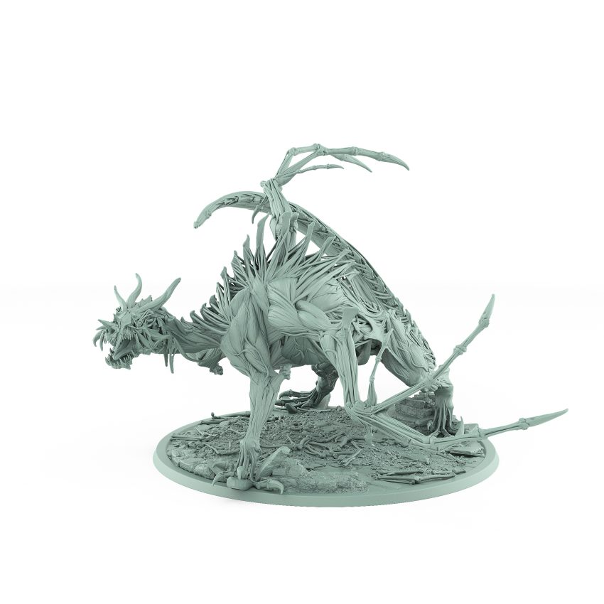 vampire chariot miniature with single undead horse armored vampire holding axe on spiked gothic platform with bone-strewn terrain base