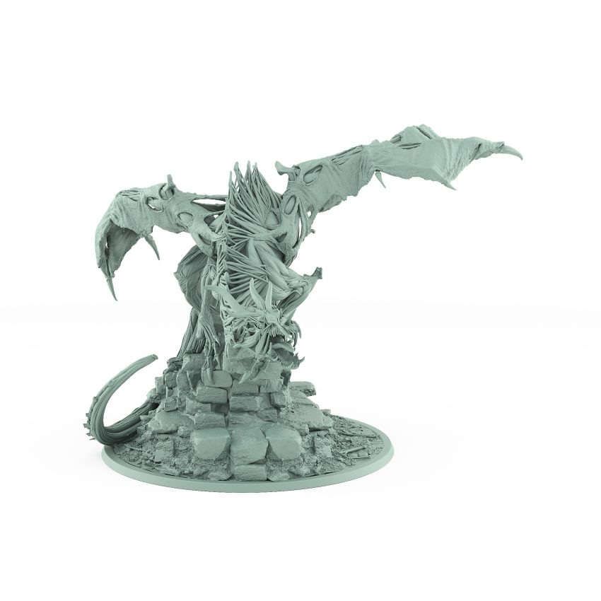 perched undead dragon with torn wings muscular sinew exposed and tail wrapped around ruined castle stone gothic vampire creature fantasy miniature