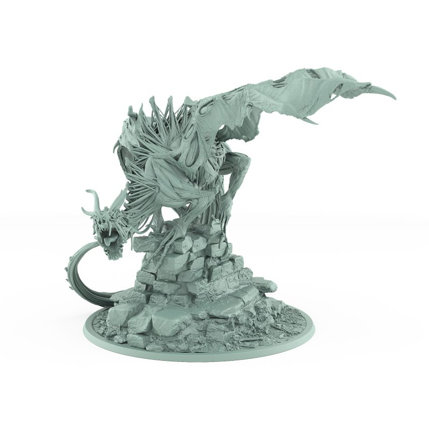 perched undead dragon with torn wings muscular sinew exposed and tail wrapped around ruined castle stone gothic vampire creature fantasy miniature