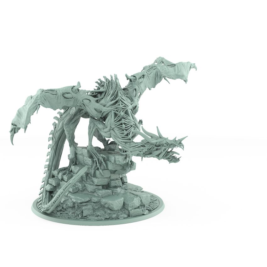 perched undead dragon with torn wings muscular sinew exposed and tail wrapped around ruined castle stone gothic vampire creature fantasy miniature