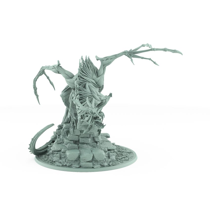 skinless undead drake perched on ruined stone wall with exposed muscles sharp claws and bone ridges vampire guardian dragon fantasy miniature