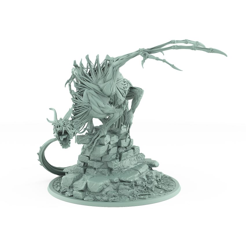 skinless undead drake perched on ruined stone wall with exposed muscles sharp claws and bone ridges vampire guardian dragon fantasy miniature