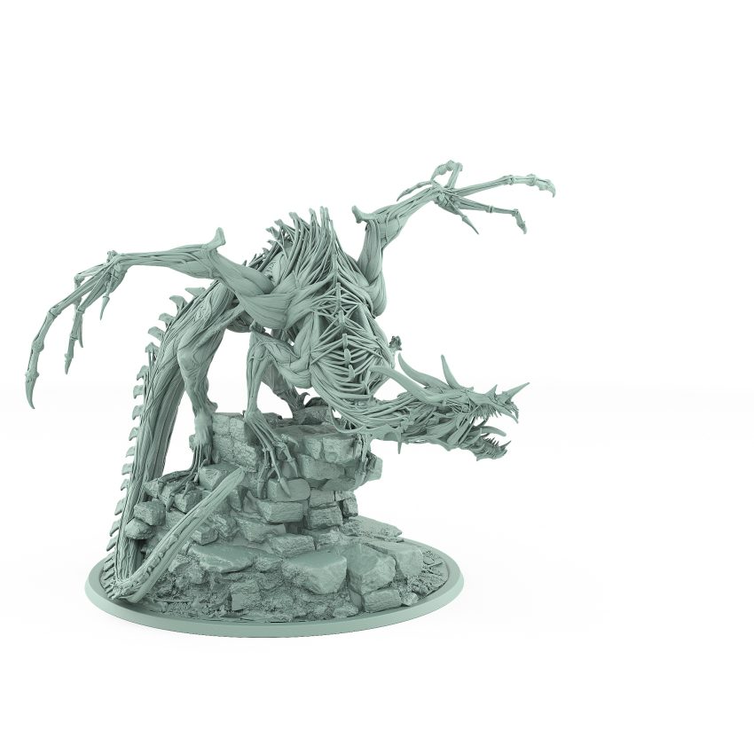 skinless undead drake perched on ruined stone wall with exposed muscles sharp claws and bone ridges vampire guardian dragon fantasy miniature