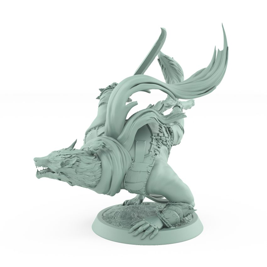 werewolf leaping mid-attack with snarling face leather armor and trailing cloak from dark vampire fantasy miniature line