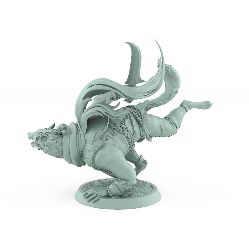 werewolf leaping mid-attack with snarling face leather armor and trailing cloak from dark vampire fantasy miniature line