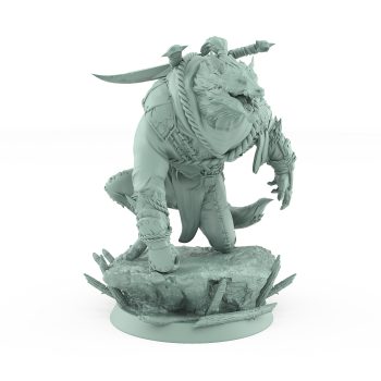werewolf kneeling on rocky base in battle armor snarling with horns and cloak from vampire army fantasy miniature
