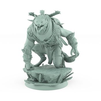 werewolf kneeling on rocky base in battle armor snarling with horns and cloak from vampire army fantasy miniature