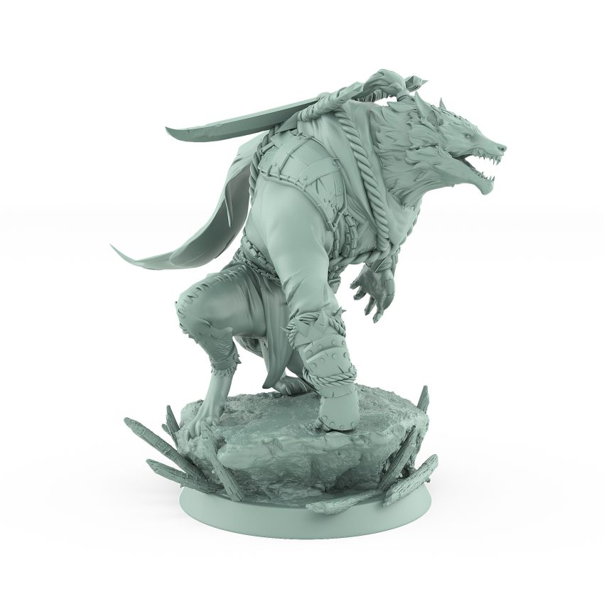werewolf kneeling on rocky base in battle armor snarling with horns and cloak from vampire army fantasy miniature