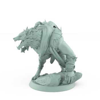 snarling werewolf in mid leap with cloak and armored limbs lunging over stone from vampire army fantasy miniature