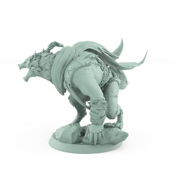 snarling werewolf in mid leap with cloak and armored limbs lunging over stone from vampire army fantasy miniature