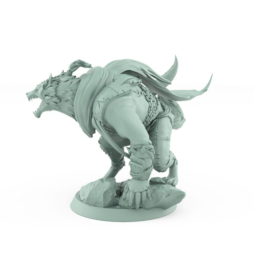 snarling werewolf in mid leap with cloak and armored limbs lunging over stone from vampire army fantasy miniature
