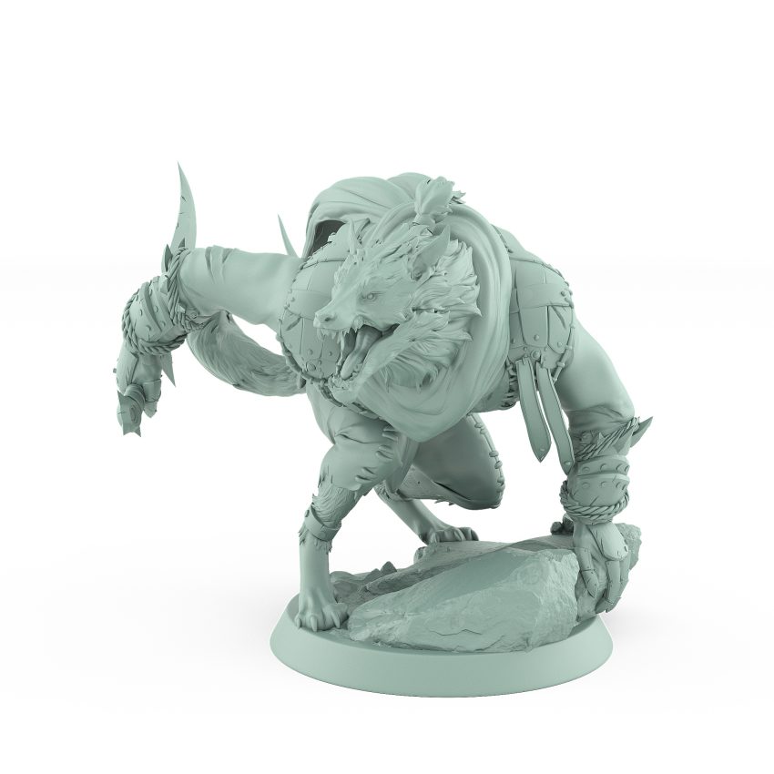 snarling werewolf in mid leap with cloak and armored limbs lunging over stone from vampire army fantasy miniature