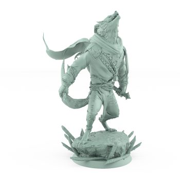 snarling werewolf in mid leap with cloak and armored limbs lunging over stone from vampire army fantasy miniature