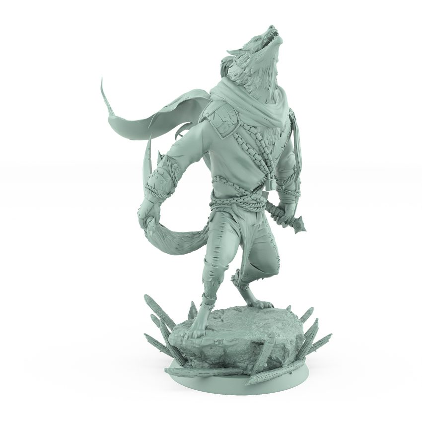 snarling werewolf in mid leap with cloak and armored limbs lunging over stone from vampire army fantasy miniature