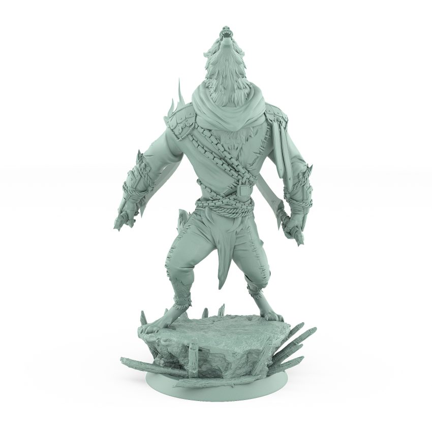 snarling werewolf in mid leap with cloak and armored limbs lunging over stone from vampire army fantasy miniature