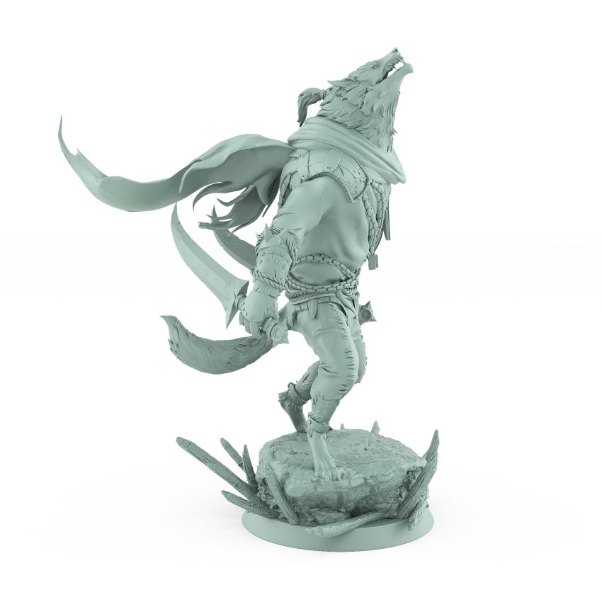 snarling werewolf in mid leap with cloak and armored limbs lunging over stone from vampire army fantasy miniature