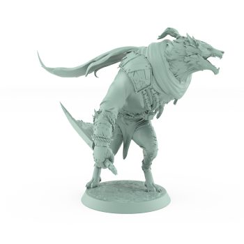resin werewolf model in crouched attack stance from vampire army wearing torn armor and leather with fangs bared