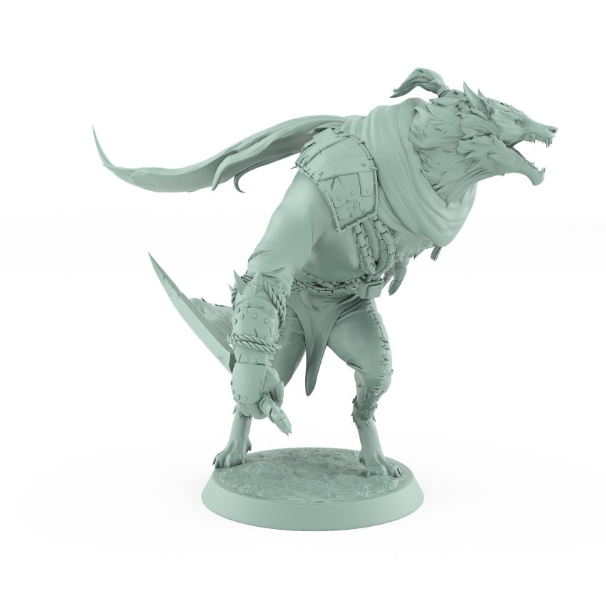 resin werewolf model in crouched attack stance from vampire army wearing torn armor and leather with fangs bared