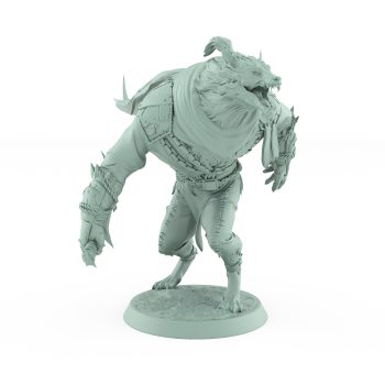 resin werewolf model in crouched attack stance from vampire army wearing torn armor and leather with fangs bared