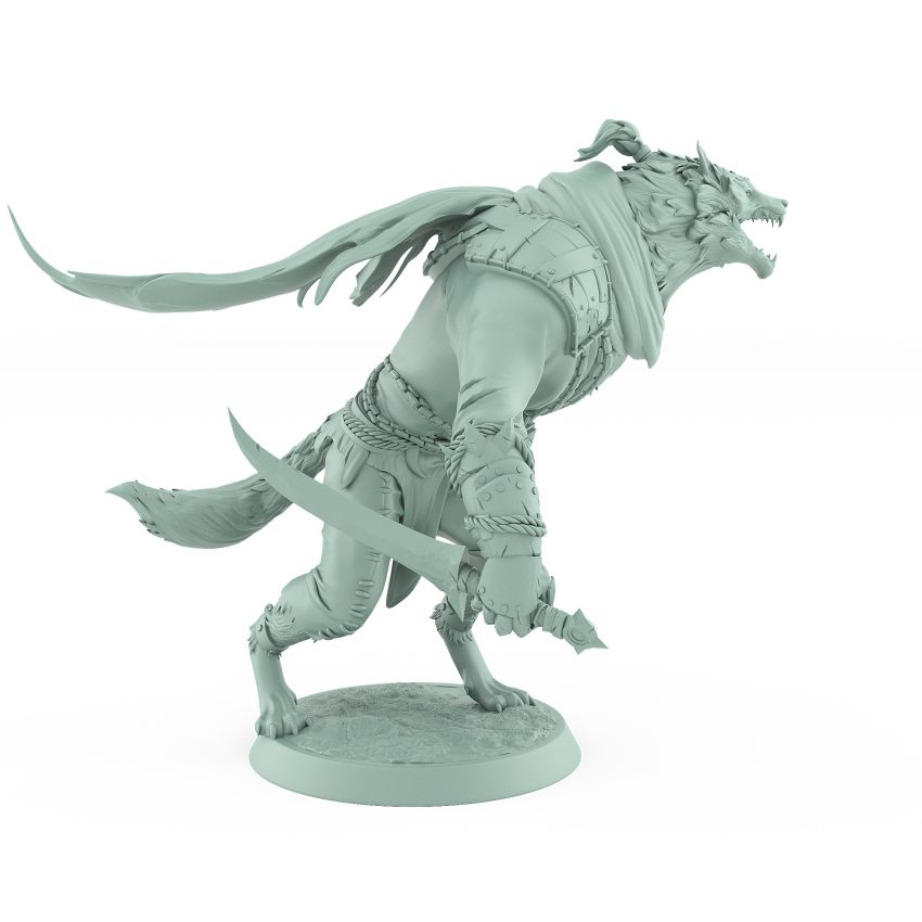 resin werewolf model in crouched attack stance from vampire army wearing torn armor and leather with fangs bared