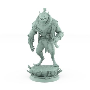 werewolf tabletop miniature from vampire army leaning forward in observation with scarred armor and hunter’s pose