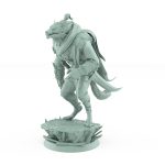 werewolf tabletop miniature from vampire army leaning forward in observation with scarred armor and hunter’s pose