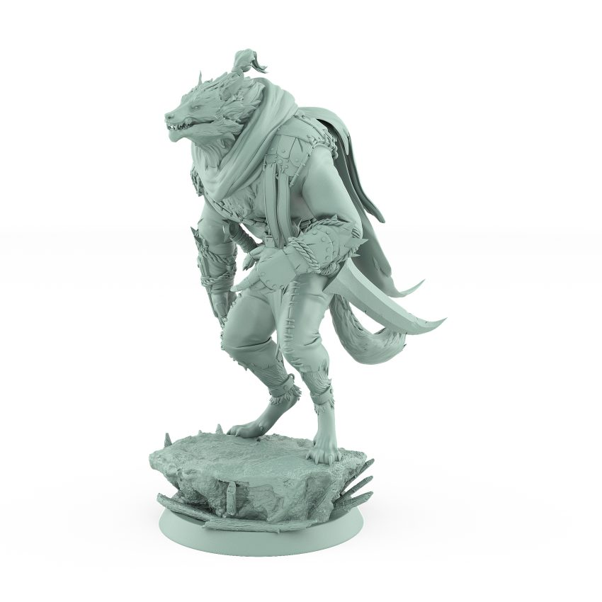 werewolf tabletop miniature from vampire army leaning forward in observation with scarred armor and hunter’s pose