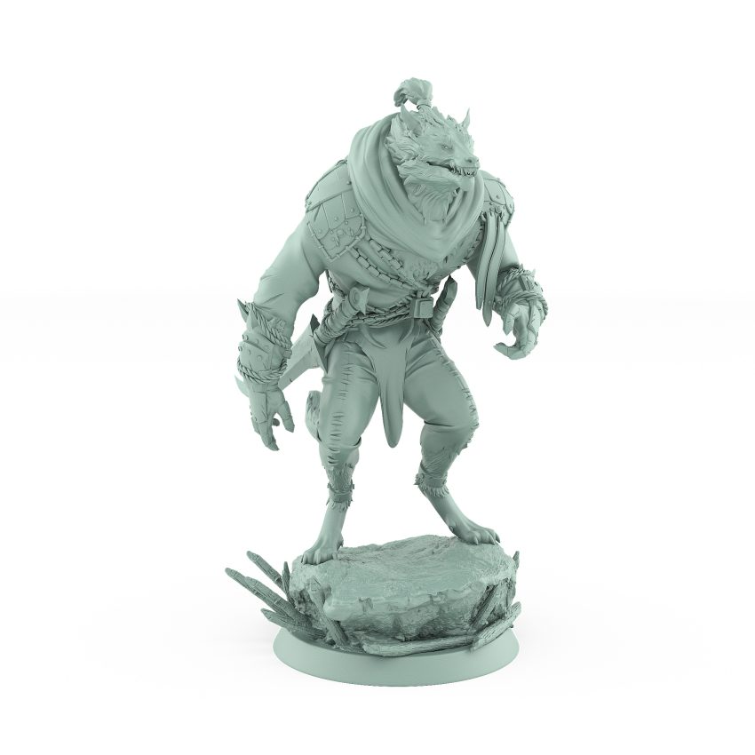 werewolf tabletop miniature from vampire army leaning forward in observation with scarred armor and hunter’s pose