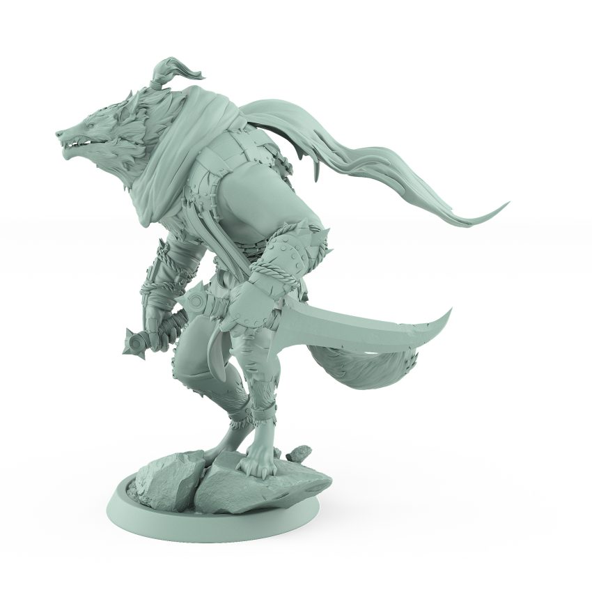 werewolf swordsman miniature poised for parry in dark fantasy armor from vampire army Order Immortalis
