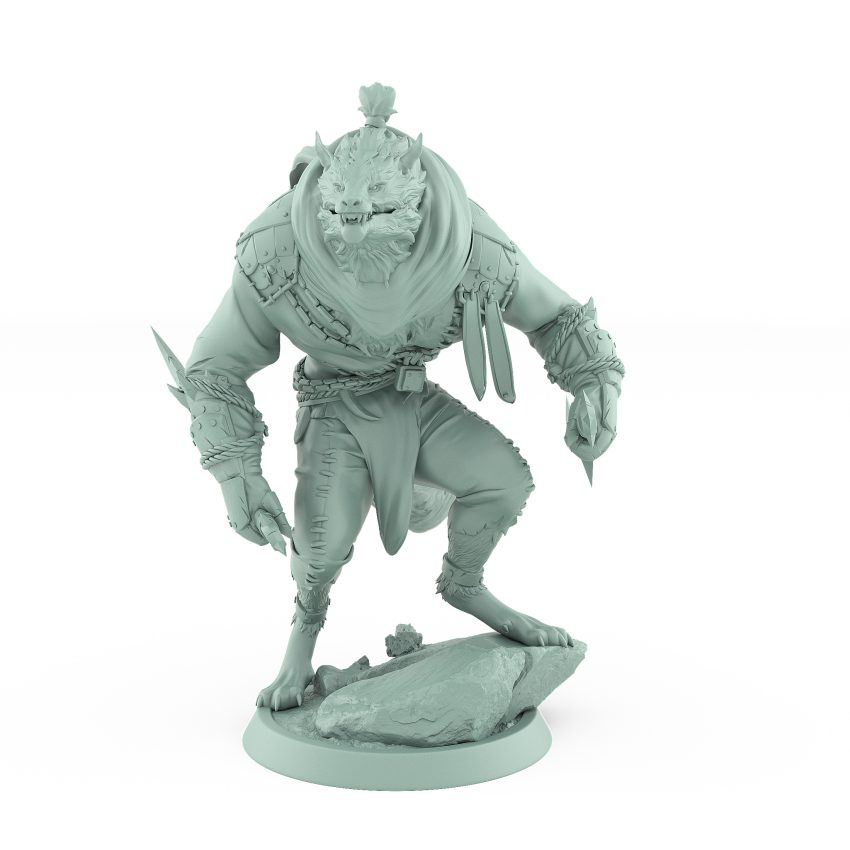 werewolf swordsman miniature poised for parry in dark fantasy armor from vampire army Order Immortalis