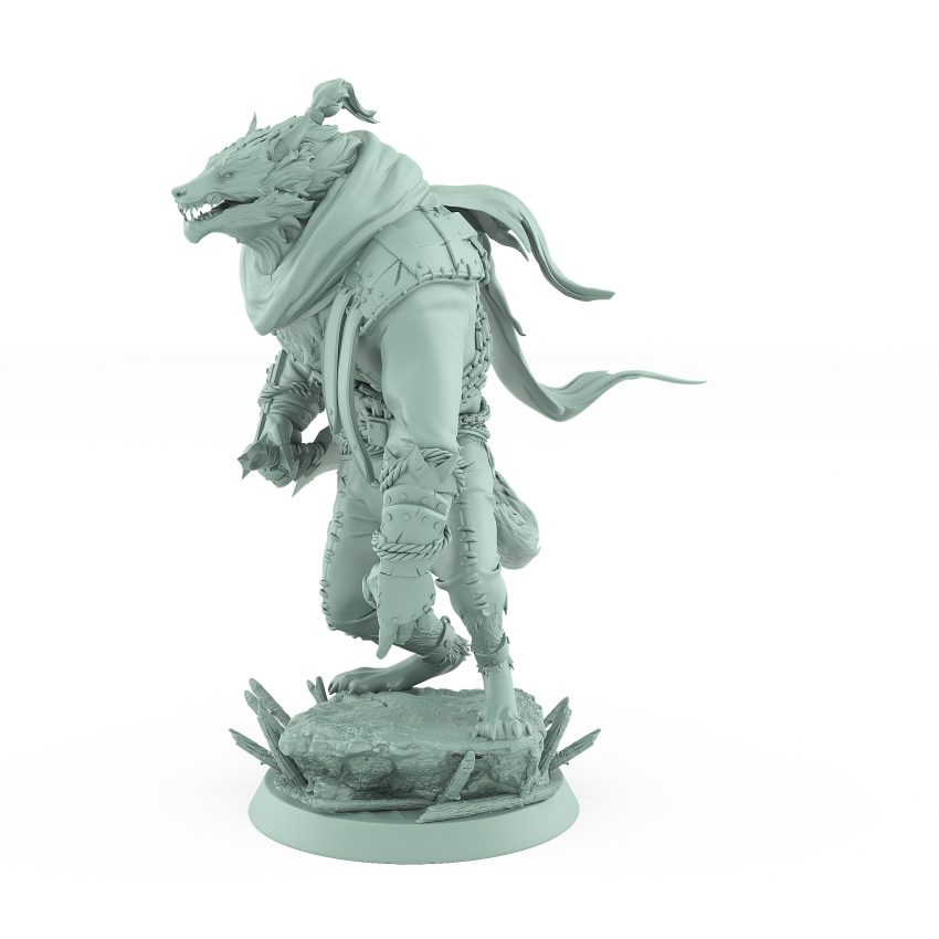 werewolf miniature in poised standing pose with flowing scarf and battle armor from vampire Order Immortalis