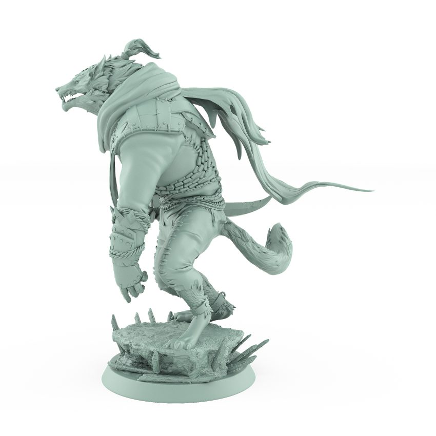 werewolf miniature in poised standing pose with flowing scarf and battle armor from vampire Order Immortalis