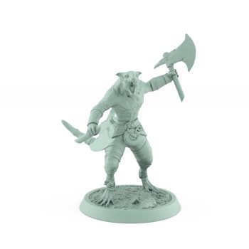feral ratfolk barbarian mid-charge with axe and bone blade plague of rouswarm fantasy miniature
