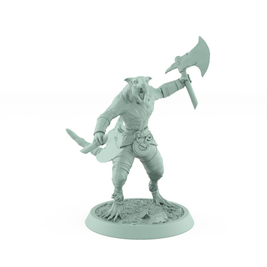 feral ratfolk barbarian mid-charge with axe and bone blade plague of rouswarm fantasy miniature