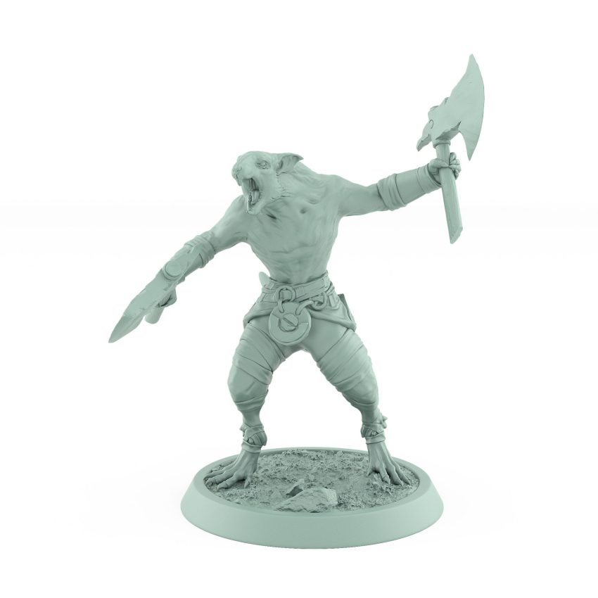 feral ratfolk barbarian mid-charge with axe and bone blade plague of rouswarm fantasy miniature