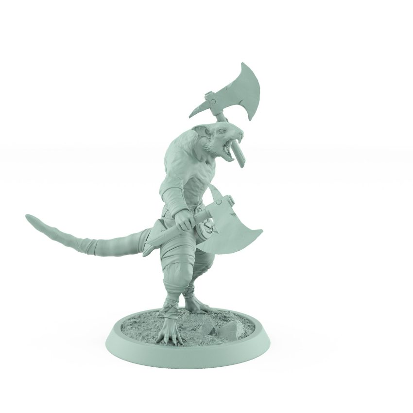 feral ratfolk barbarian mid-charge with axe and bone blade plague of rouswarm fantasy miniature