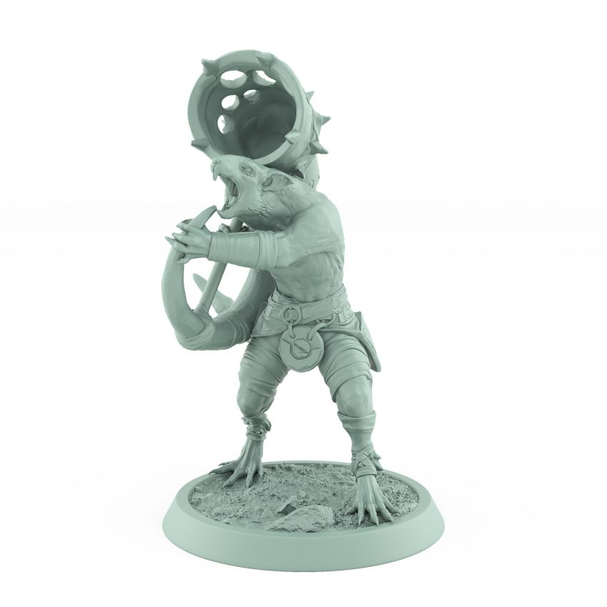 ratfolk bard blowing spiked warhorn plague of rouswarm fantasy miniature