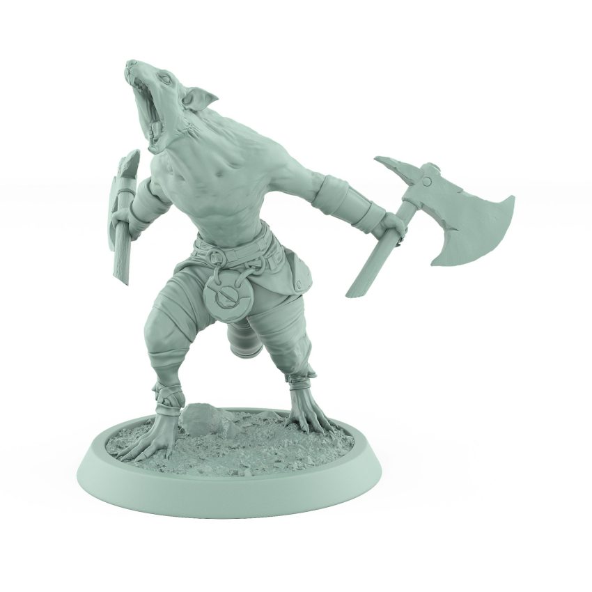 snarling ratfolk barbarian charging with axe raised plague of rouswarm fantasy miniature