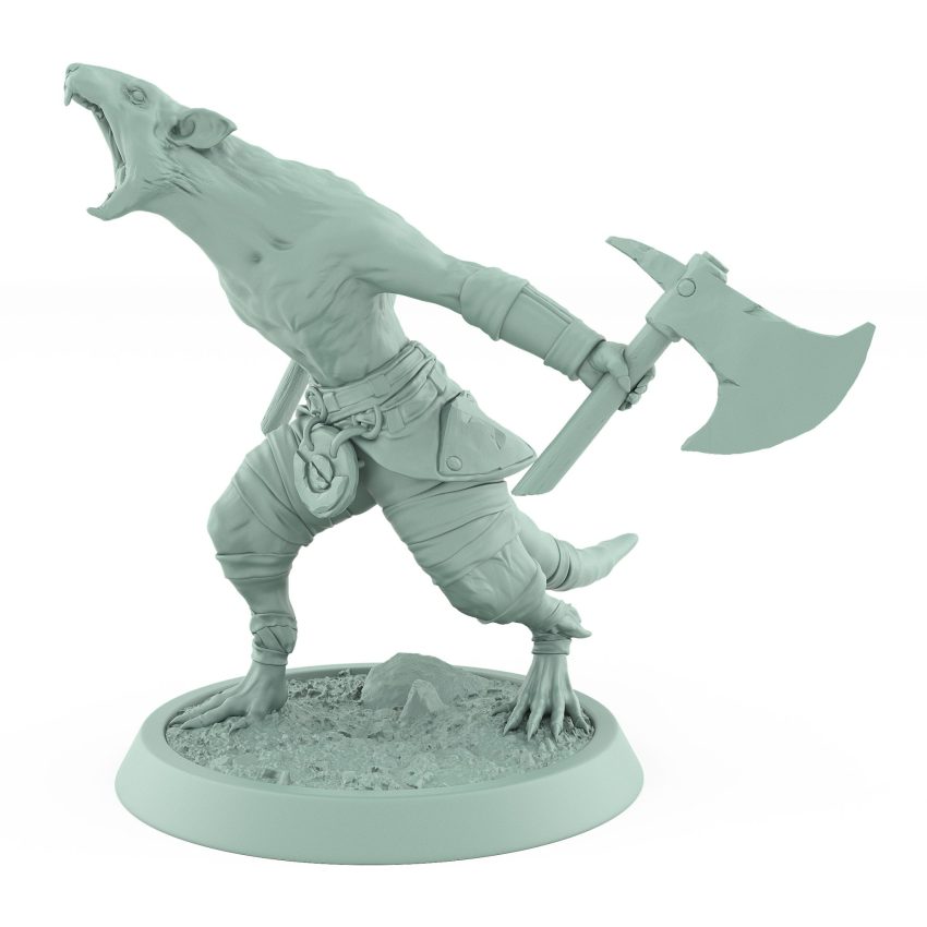snarling ratfolk barbarian charging with axe raised plague of rouswarm fantasy miniature