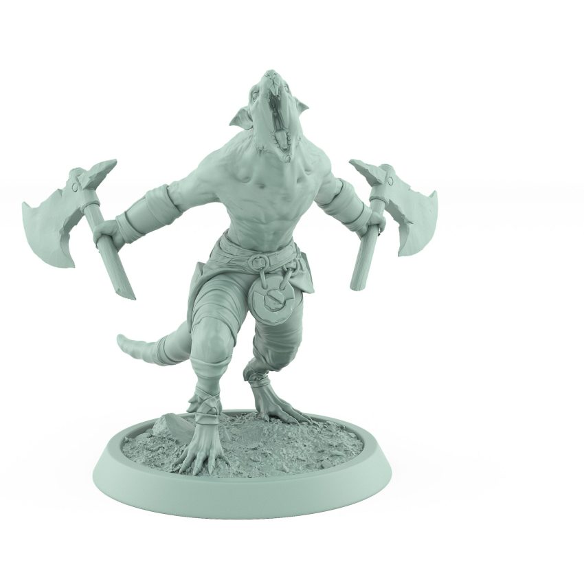 snarling ratfolk barbarian charging with axe raised plague of rouswarm fantasy miniature